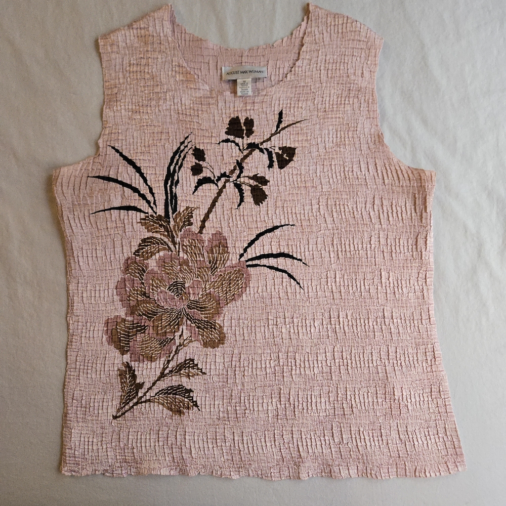 August Max Vintage 90s Ballet Pink Crinkle Popcorn Stretch Tank Top Floral Print